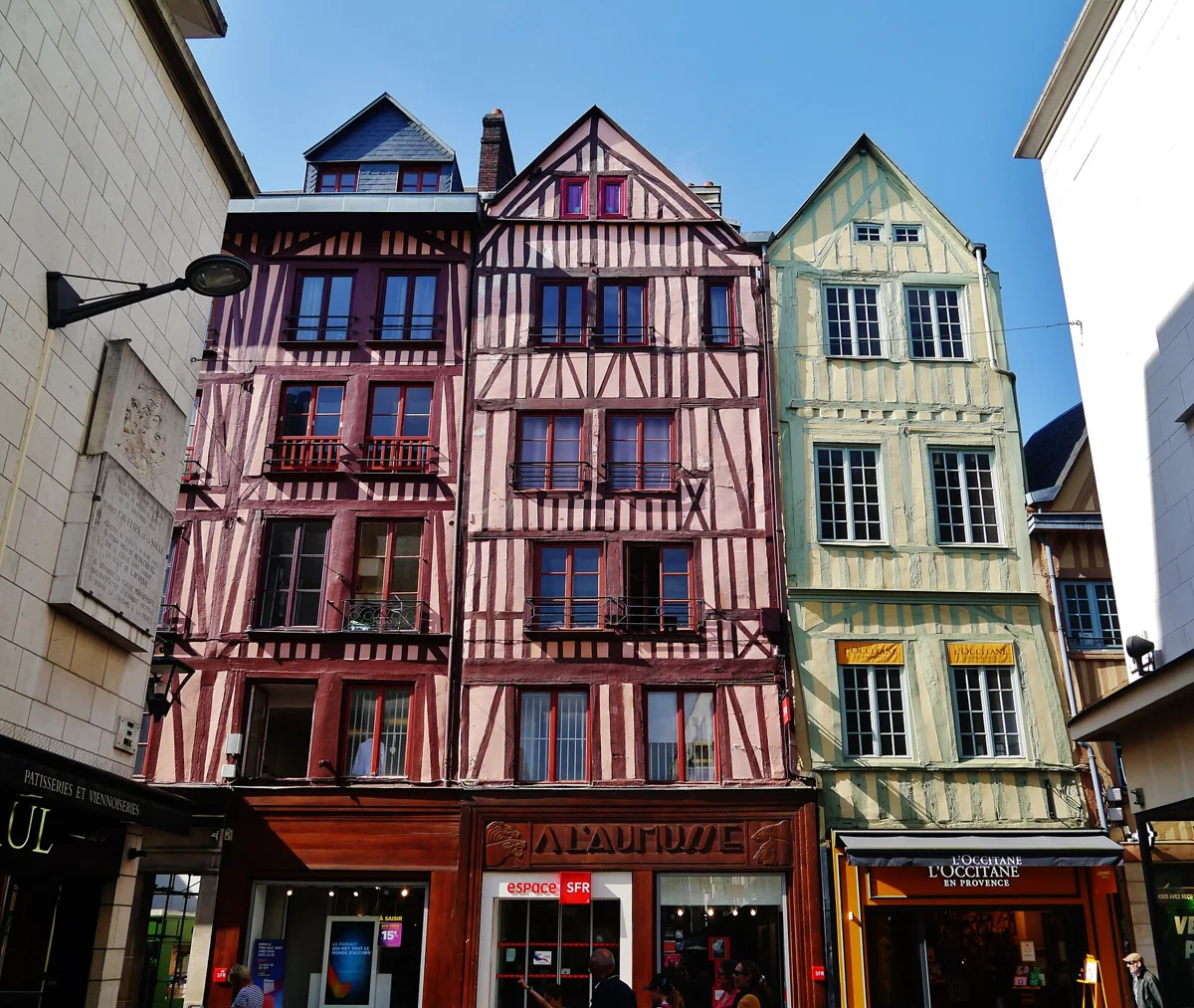 Half-timbered houses in Rouen old town on a day trip from Paris